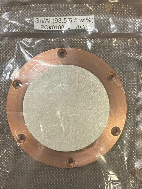 Tin/Aluminum 93.5/6.5 wt% sputter target, 2.92" dia x 5mm, on Angstrom backer