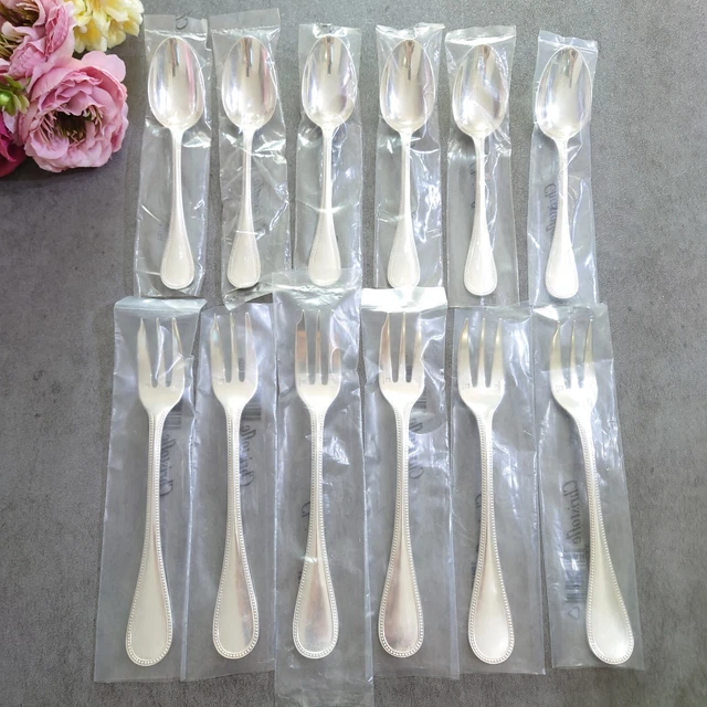 12pcs Christofle Perles Silverplate Flatware Cake Fork Coffee Spoon Excellent