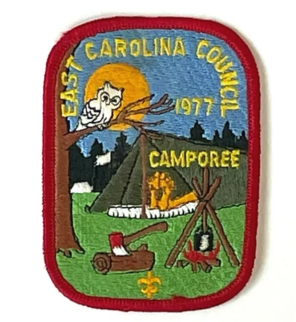 1977 East Carolina Council Boy Scout Patch Camporee Owl Tent Camp Fire Vintage
