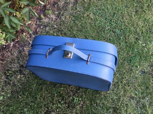 Old Vintage Blue Suitcase Bag Travel Handbag Vanity Holdall Case Hand Luggage