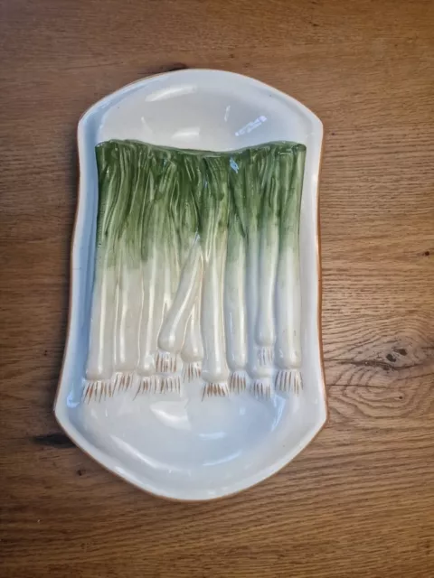 Plat à Poireaux vintage en barbotine - décor en relief avec égouttoir / Asperges