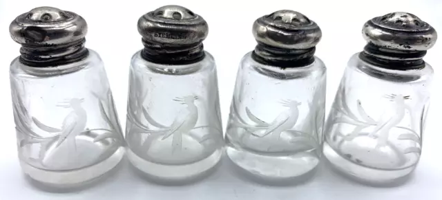 4 Sterling Silver Top Salt Pepper Set Etched Bird Glass Individual Vintage