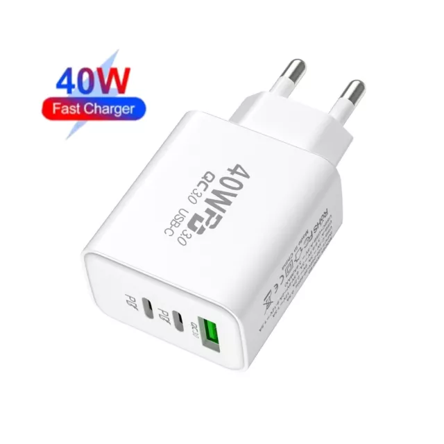 3-fach Schnellladegerät 40W Netzteil 2x USB-C + 1x USB Charger Mehrfach Stecker