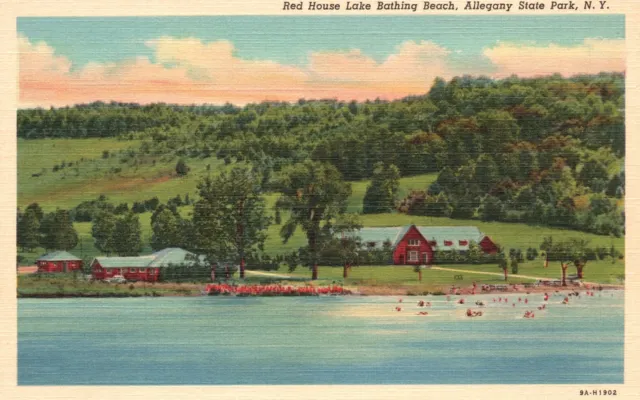 Vintage Postcard Redhouse Lake Bathing Beach Alleghany State Park New York NY