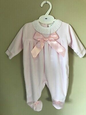 Baby Girl Spanish Rompers Babygrow Sleepsuit Pink Velour Lace & Bow Girls  3-9 M