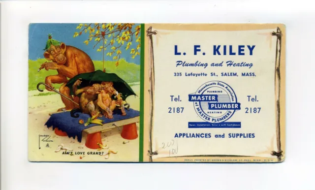 Salem MA Mass antique blotter Artist Signed Lawson Wood, Kiley Plumbing, Heating