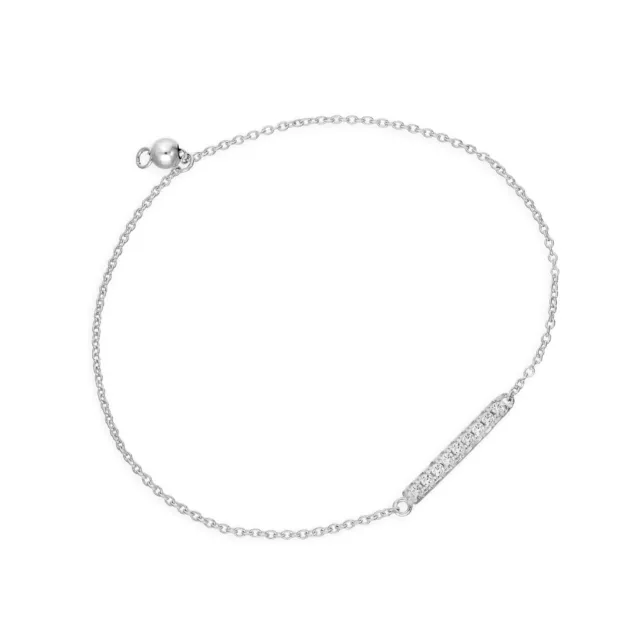 Real 925 Sterling Silver Adjustable 7 Inch Bracelet w Clear CZ Crystal Bar Plain