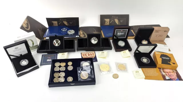 Large Collection of Boxed Silver Proof Commemorative Coins, Royal, D-Day, VE-Day