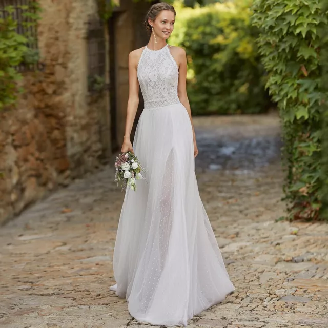 Modern O-Neck Lace Sleeveless Wedding Dresses Boho A-Line Tulle Sweep Train Gown