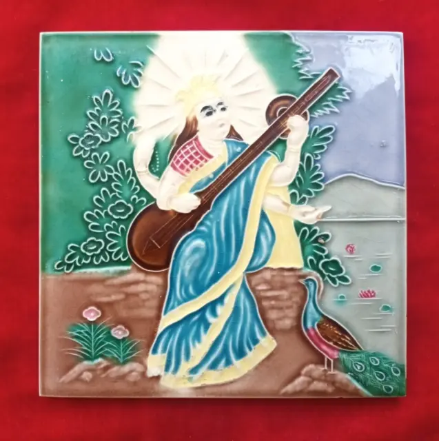 1 Pc Old Art God Saraswati Ji Design Embossed Majolica Ceramic Tiles Japan 0392