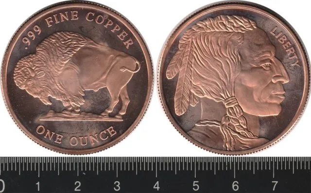 USA: One Ounce .999 Fine Copper Buffalo Indian Head 1oz