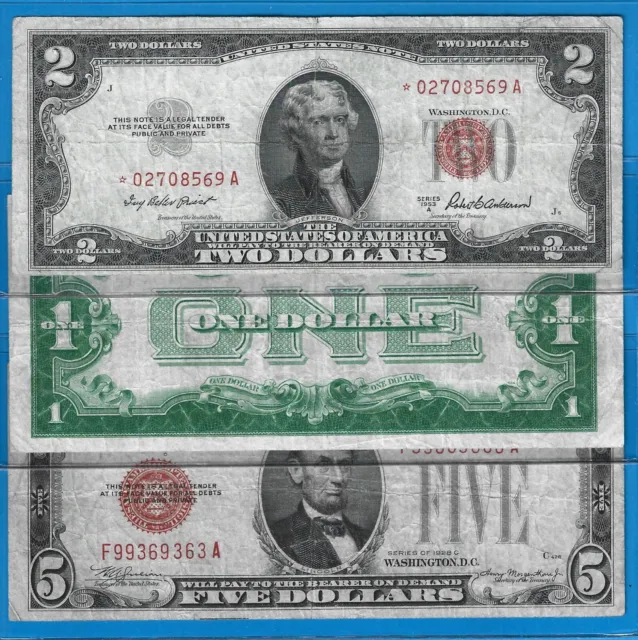 1928A/28C/53A,$1 SC FB/$2 USN Star/$5 USN,3)Notes,Blue/Red Seal,Circ F/VF,Nice!