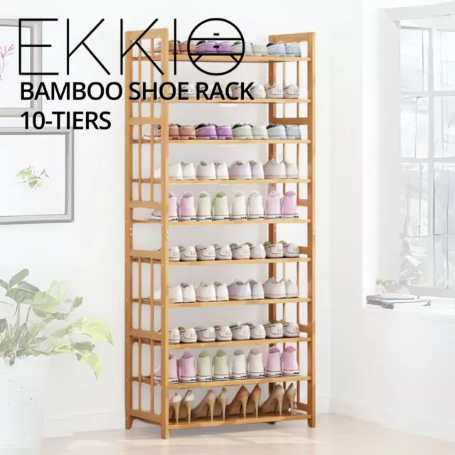 EKKIO 10-Tier Bamboo Shoe Rack Cabinet Wooden Shelf Stand Storage Organizer