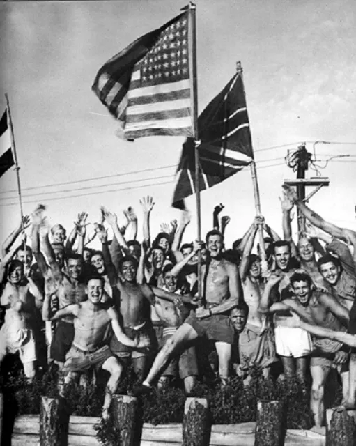 Allied POW's at Aomori cheer and wave flags at wars end 8x10 WWII WW2 Photo 558a