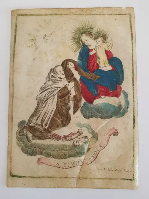 San Simone Stock incisione a colori su pergamena XVIII secolo Santino Holy card