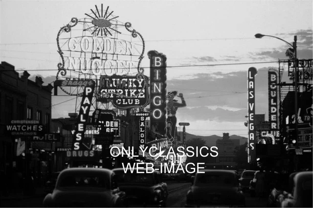 1955 Las Vegas Strip Dusk Neon Lights Photo Nugget Cowboy Sign Gamble Americana