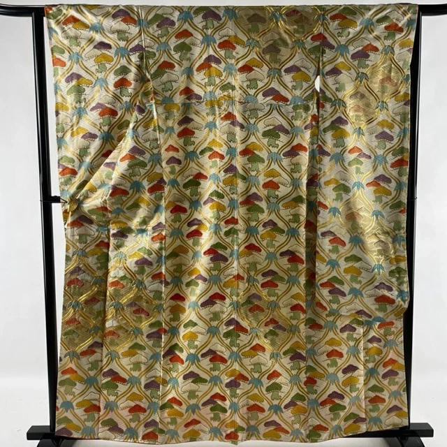 Japanese Kimono Furisode Pure Silk Pine Tree Bamboo Grass Gold And Silver Thread