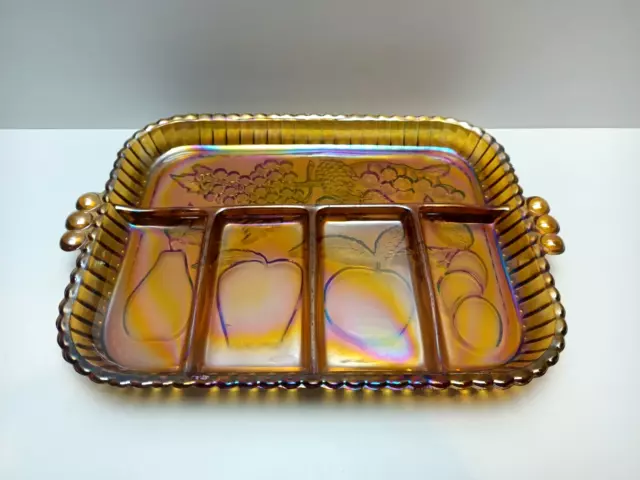 Vintage Carnival Glass Tray - Iridescent, Marigold Coloured - Fruit & Berries