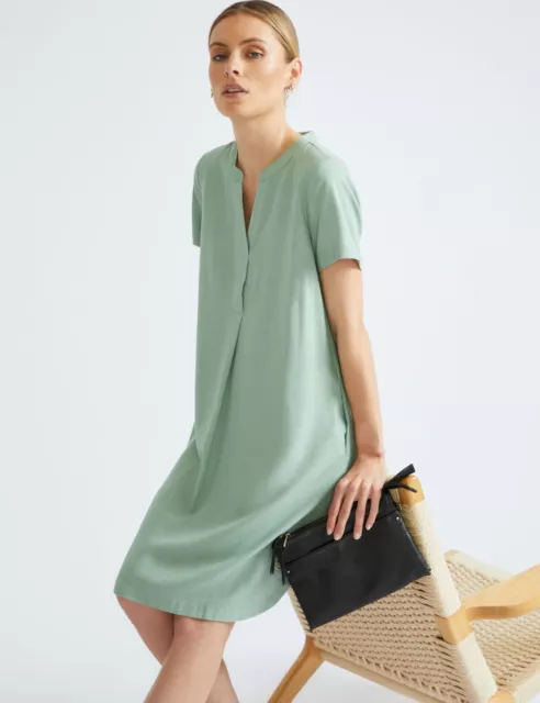 Womens Dress -  Short Sleeve Split Neck Linen Blend Shift Dress - KATIES