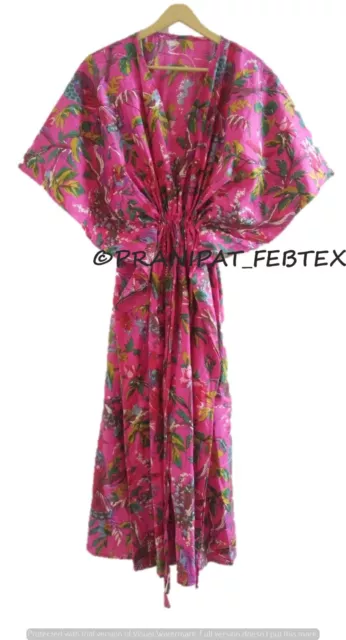 Indien Ethnique Imprimé Oiseau Coton Rose Caftan Femme Peignoir Maxi Été Usure