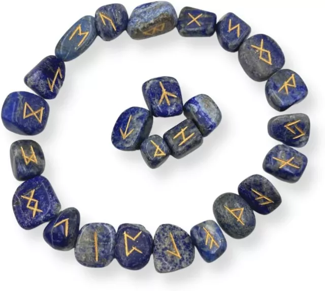 Lapis Crystal Runes Set of 25 Engraved Rune Stones with Velvet Pouch