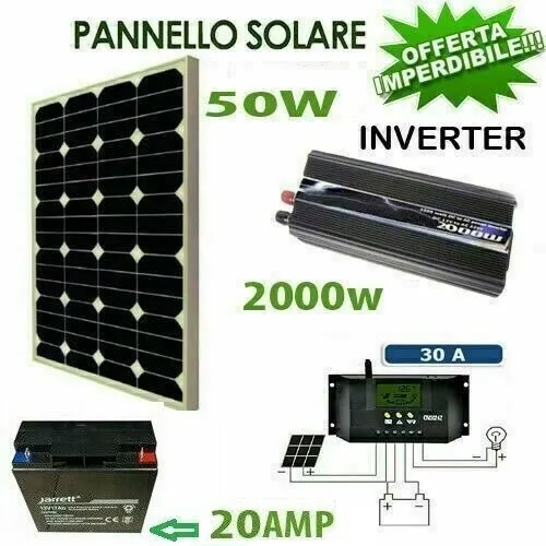 Kit Fotovoltaico 1 KW Pwm Inverter 2000W Pannello Solare 50W BATTERIA 20 Ah