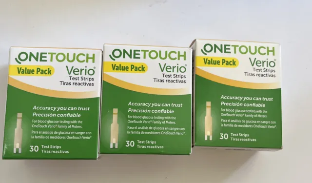 Paquete de valor de tiras reactivas para diabéticos OneTouch Verio (LOTE DE CAJAS DE 3 x 30 quilates) NUEVAS