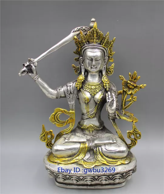 China Old Tibet Silver Gilt Hand carved Manjusri Bodhisattva Buddha Statue 20821