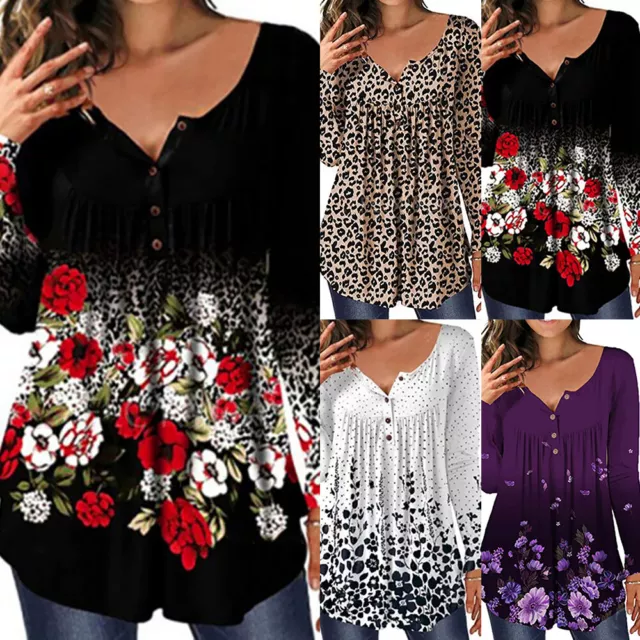 Womens V Neck Floral Long Sleeve Tunic Tops Ladies Casual Loose Blouse T-Shirt