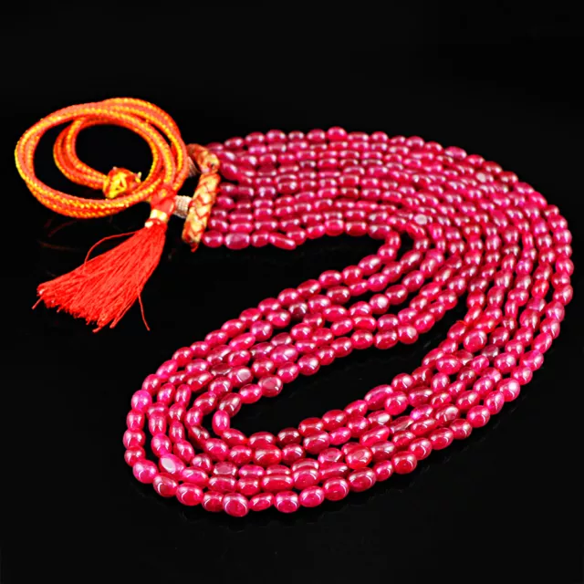 493.00 Cts Earth Mined 5 Strand Oval Enhanced Red Ruby Beads Necklace (Rs)