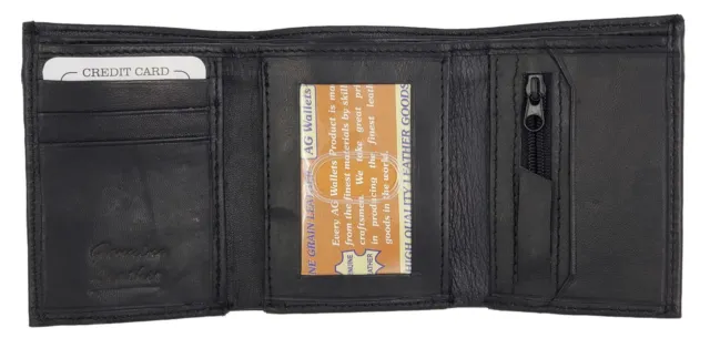 AG Wallets Mens Trifold Leather Wallet Credit Card Holder Zipper Pocket Black