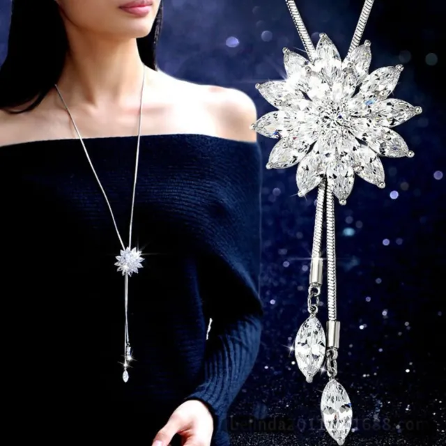 Fashion Flower Pearl Crystal Pendant Necklace Women Long Sweater Chain
