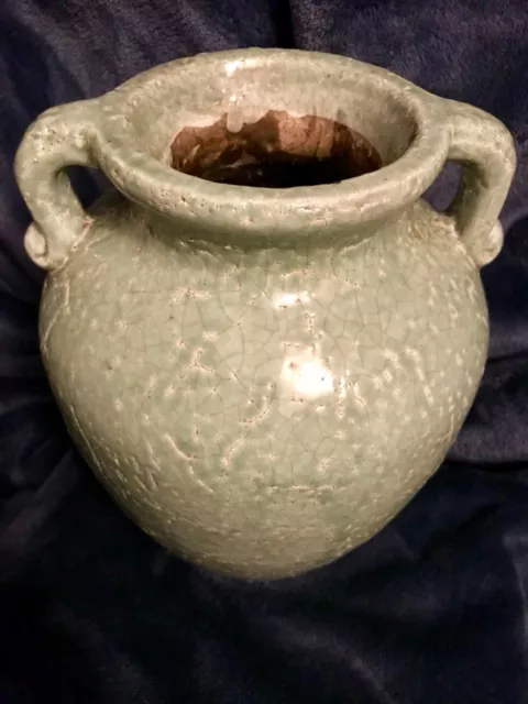 MCM Pottery Ceramic Stoneware 2 Handle Pale Green Jug Vessel Vase Urn 8” High DD