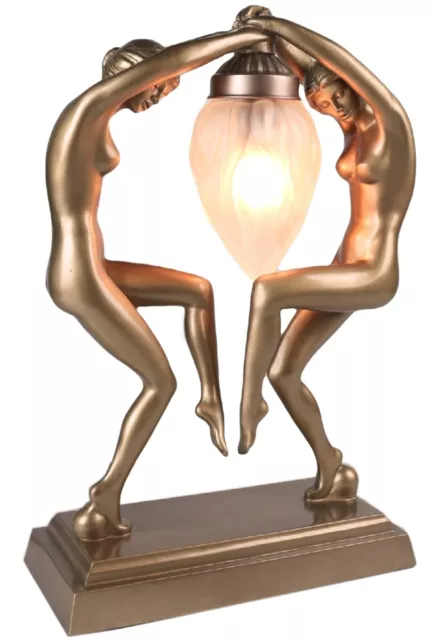38Cm Art Deco/Nouveau Table Lamp Twin Nude Bronze Figurines Glass Shade Bulb