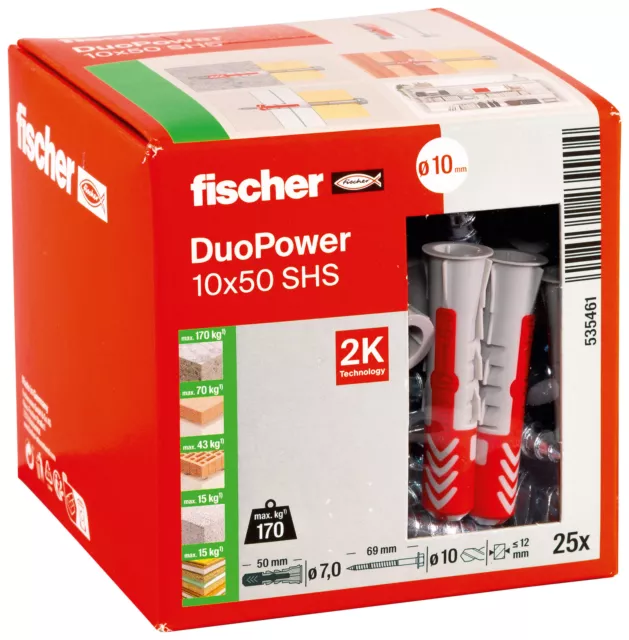Cheville bi-matière DuoPower 10 x 50 S avec vis 25 pcs FISCHER