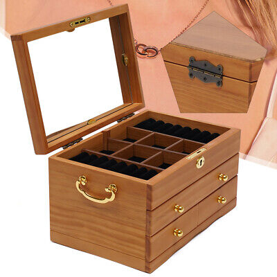 3 Layer Retro Wooden Jewelry Storage Box Large Organizer Gift W/Mirror & Lock US