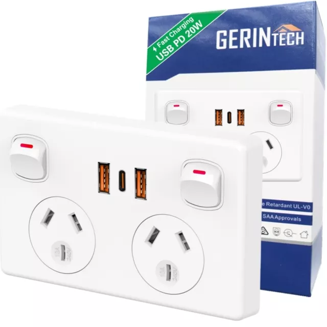 Gerintech Power Point with USB C PD 20W, Double Powerpoint Power Outlet