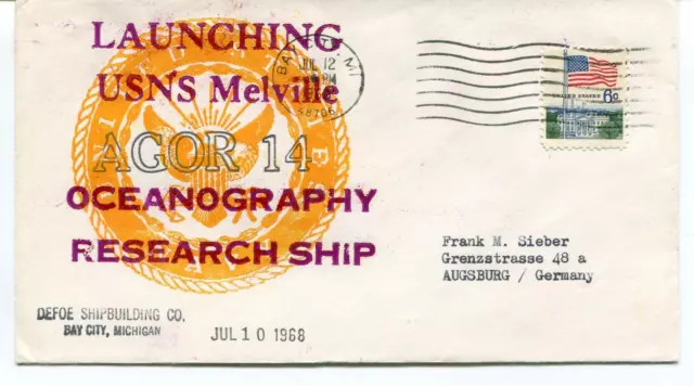 1968 Launching USNS Melville AGOR 14 Defoe Shipbuilding Bay City Antarctic Cover