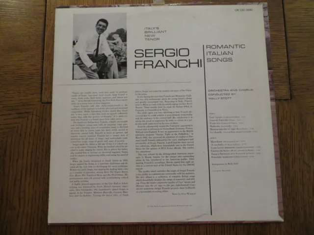 Sergio Franchi – Romantic Italian Songs – 1962 - RCA Victor LM-2640 Vinyl LP VG+ 2