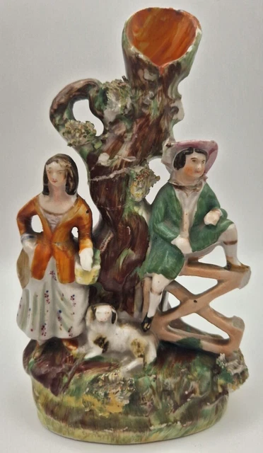 Rare Antique Staffordshire Pottery A Man & Lady With Dog Victorian Figure 6.5"