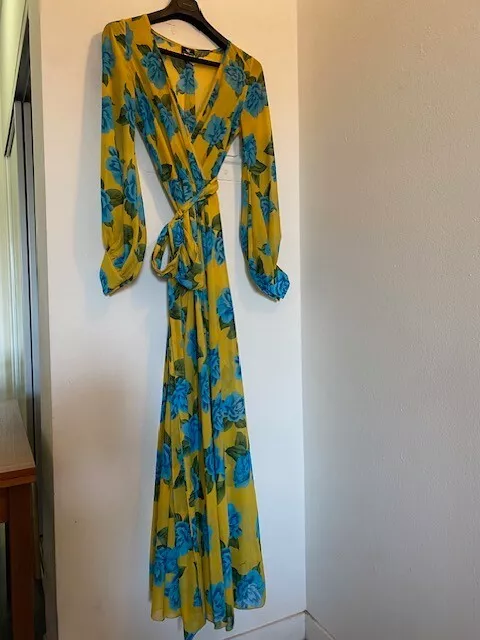 Va Va Voom Yellow Floral Long-Sleeve Belted Long Maxi Dress Size M Lightweight 2