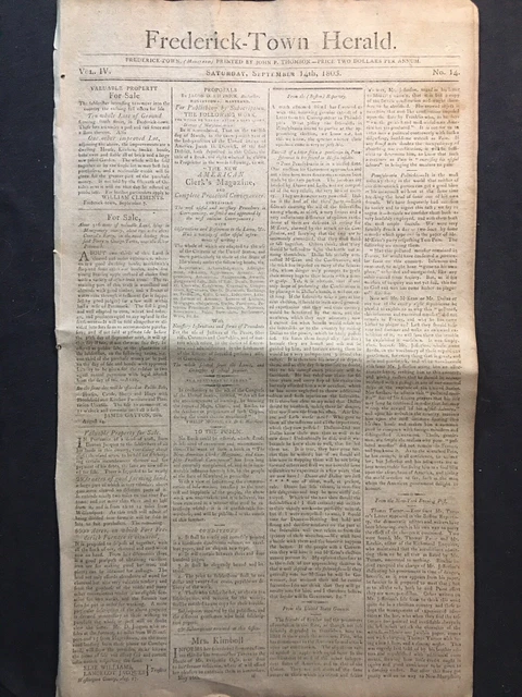 Thomas Jefferson Sally Hemings 1805 Frederick Maryland Newspaper -Thomas Paine Thomas Jefferson Sally Hemings 1805 Frederick Maryland Newspaper -Thomas Paine