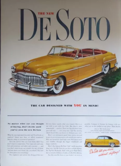 1949 vintage De Soto print ad. DeSoto Yellow convertible. Post World war II era.