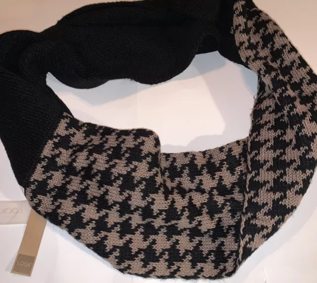 Houndstooth Infinity Scarf Black Beige Check Bulky Knit Loop Snood Look By M