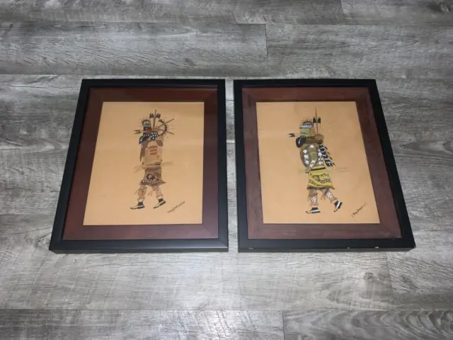 Hopi Pueblo Native American Kachina Doll Drawings Framed Approximately 11" x 14"