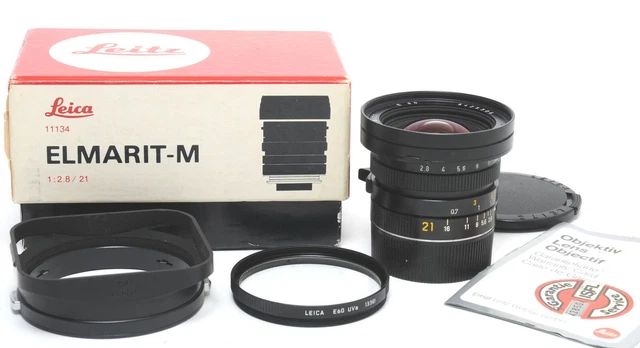 Leica M 2.8/21mm Elmarit-M E60 caja 11134 con capucha y filtro UVa