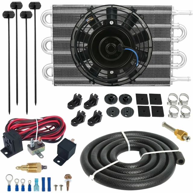 6 ROW SMALL Transmission Cooler Electric Fan 3/8" Npt 180F Thermostat