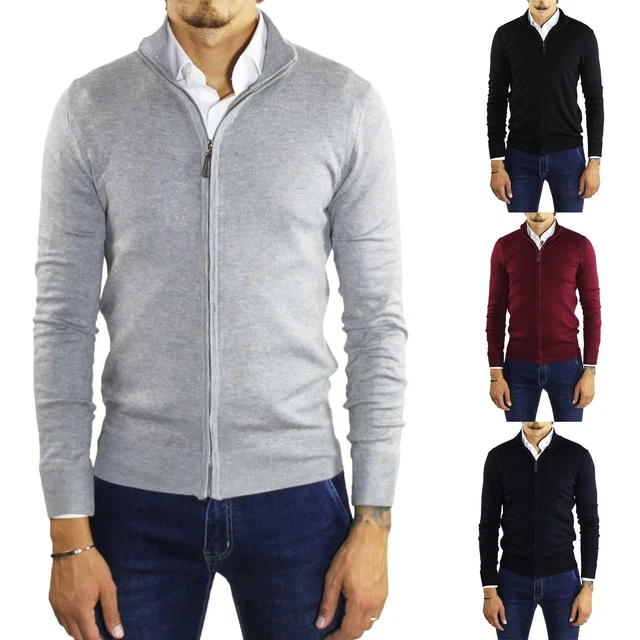 Cardigan Uomo Invernale Zip Maglione Collo Alto Blu Grigio Maglioncino Cerniera