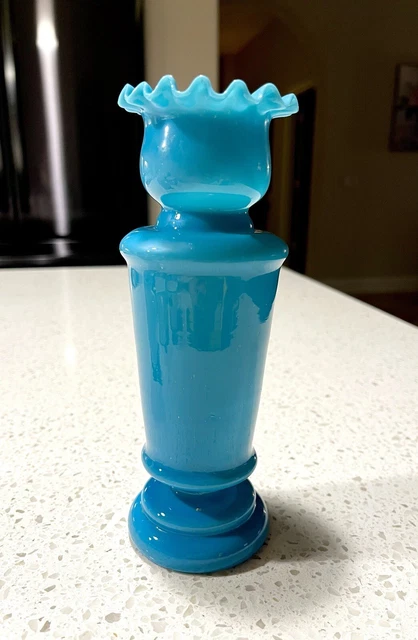 19th Century Bristol Blue Opaline Glass Vase Hand Blown Glass Ruffle Top 8 Inch