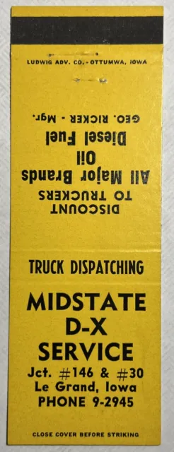 Vintage Matchbook Cover D-X Oil Midstate D-X Service Le Grand, Iowa #216